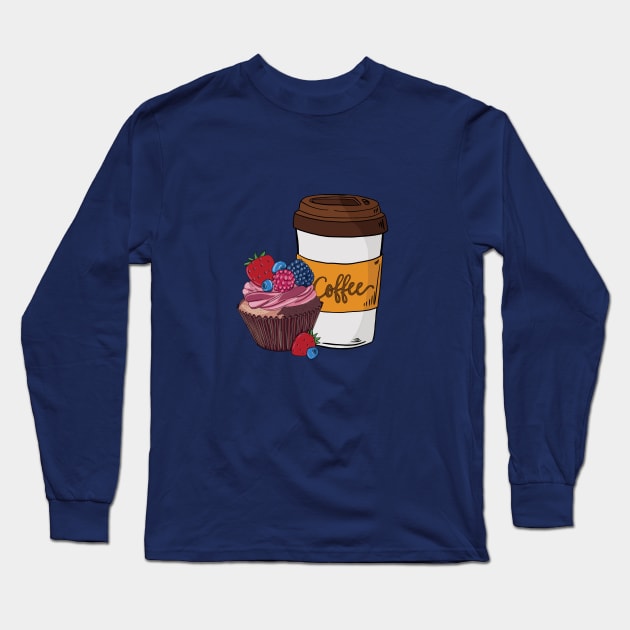 Sweet Chocolate Cupcake and Coffee Long Sleeve T-Shirt by Mada's Coffee Shop